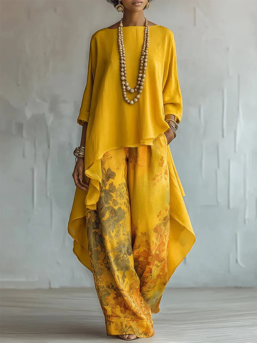 Printed Asymmetric Top and Wide Trouser Set for Women