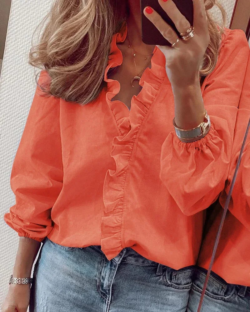 Ruffle Trim Button-Up Blouse for Women