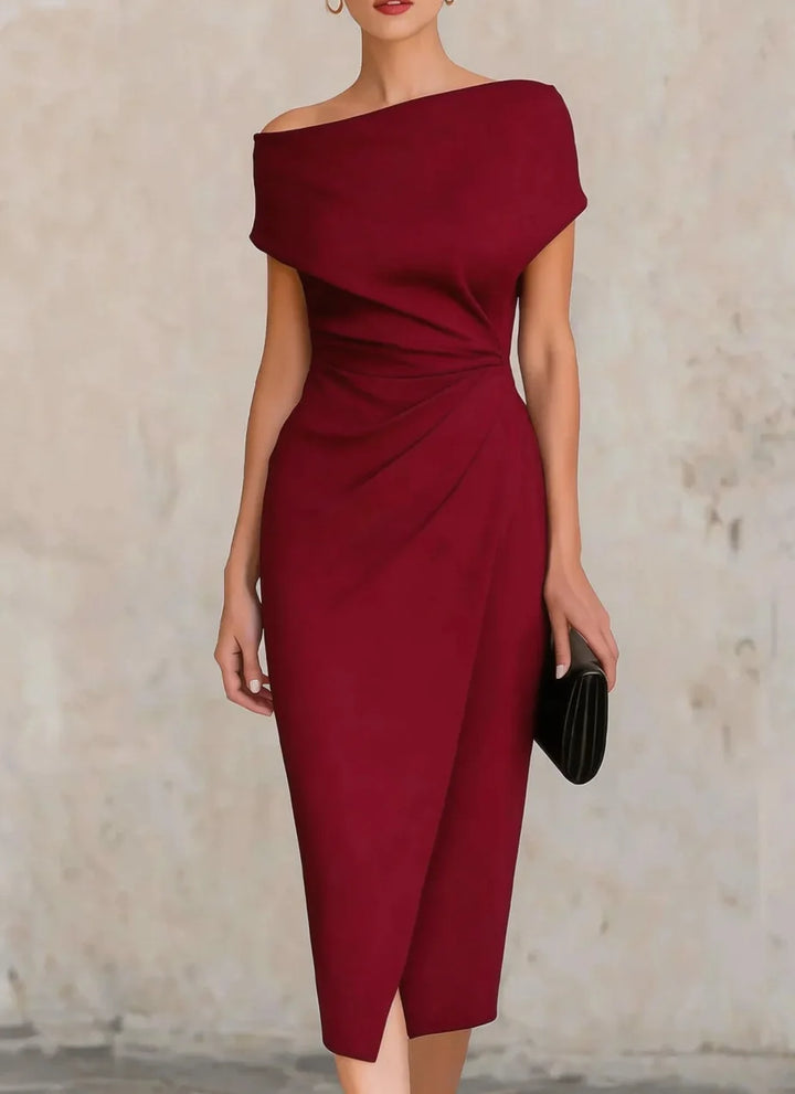 One-Shoulder Pleated Midi Dress for Women