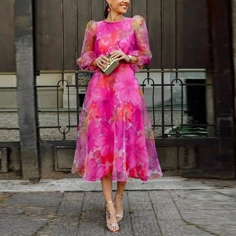 Floral Mesh Puff Sleeve Midi Dress for Women