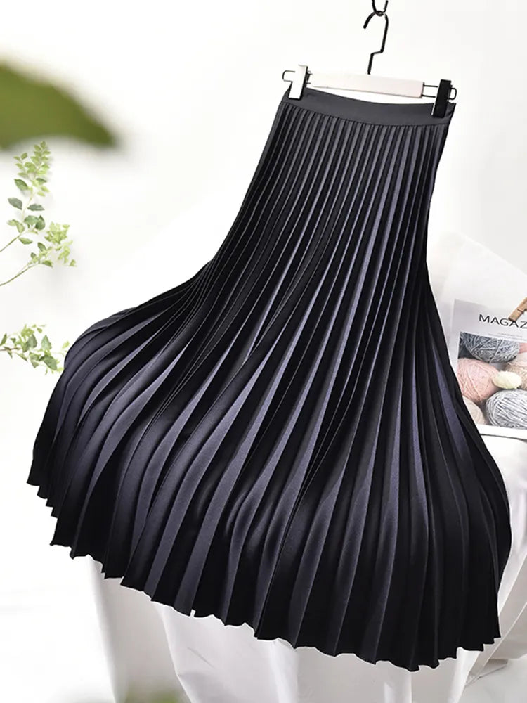 Pleated Elastic Waist Midi Skirt for Women