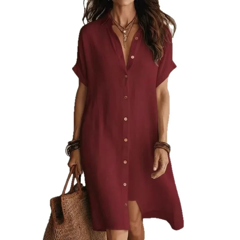 Short Sleeve Button Front Shirt Dress for Women