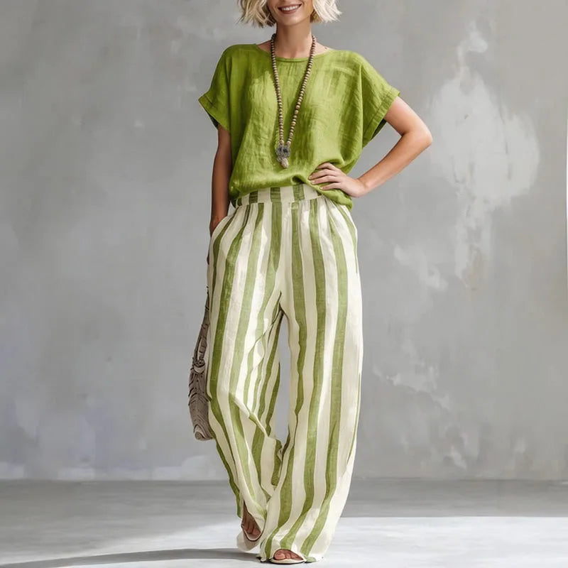 Striped Top and Wide Leg Pants Set for Women
