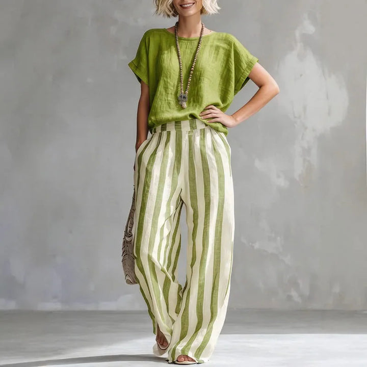 Striped Top and Wide Leg Pants Set for Women