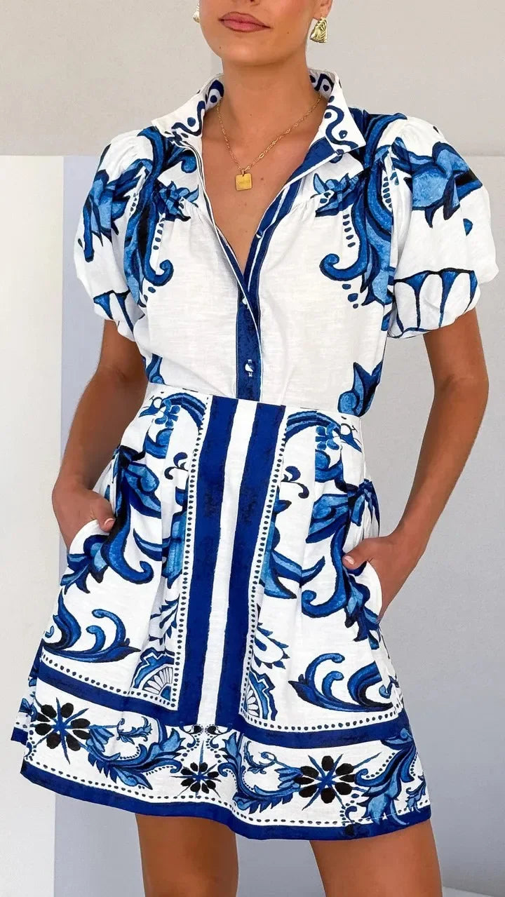 Floral Linen Puff Sleeve Mini Dress for Women