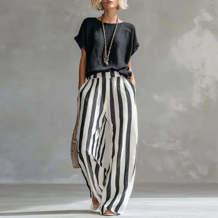Striped Top and Wide Leg Pants Set for Women