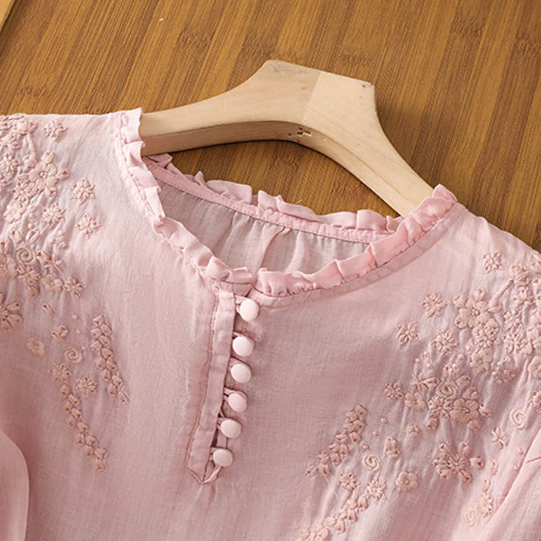 Embroidered Button-Neck Blouse for Women