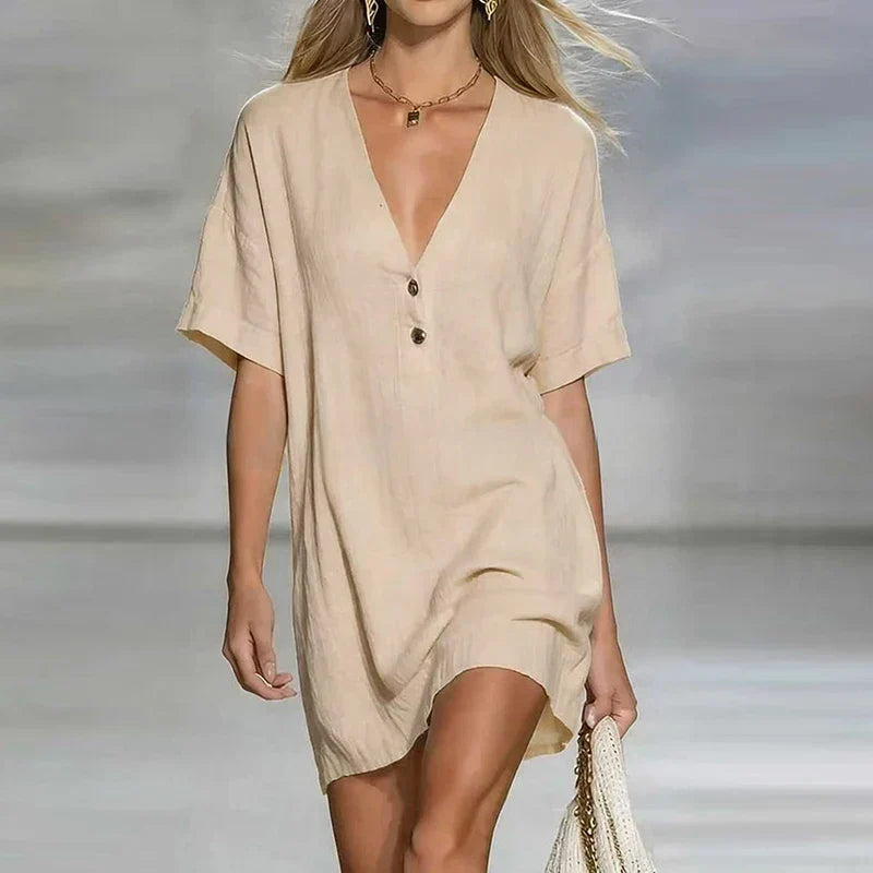 Short Sleeve Button-Front Mini Shirt Dress for Women