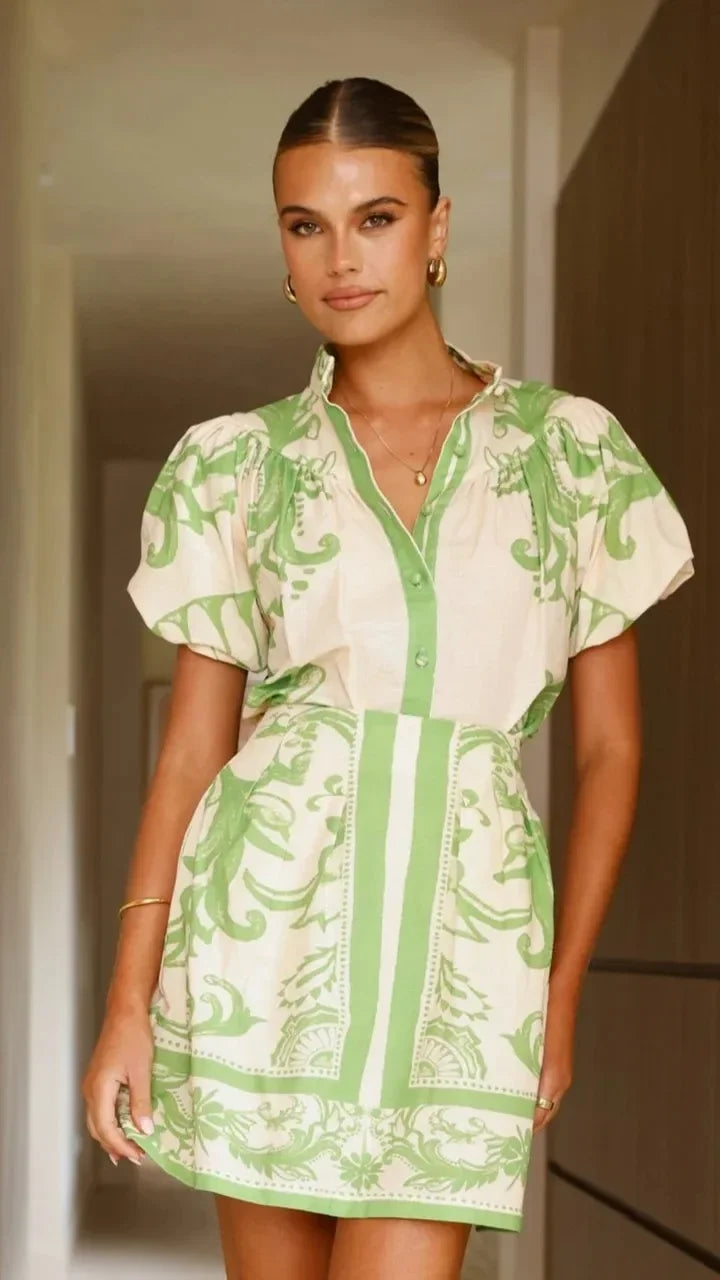 Floral Linen Puff Sleeve Mini Dress for Women