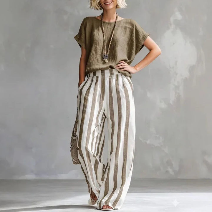 Striped Top and Wide Leg Pants Set for Women