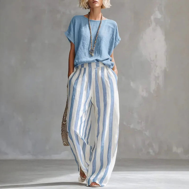 Striped Top and Wide Leg Pants Set for Women