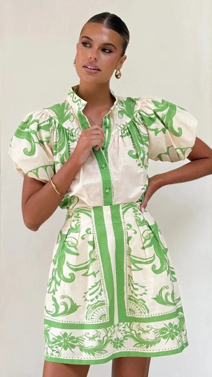 Floral Linen Puff Sleeve Mini Dress for Women