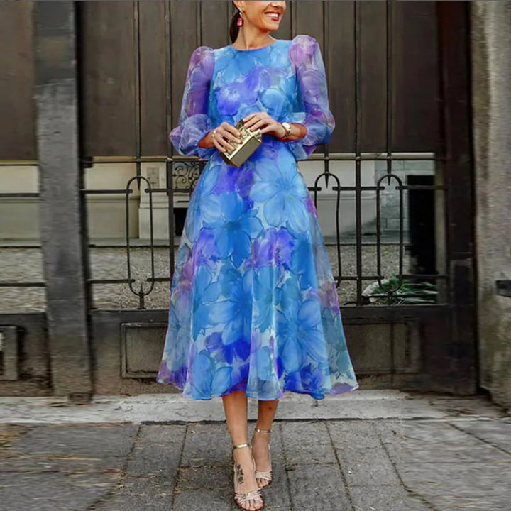 Floral Mesh Puff Sleeve Midi Dress for Women