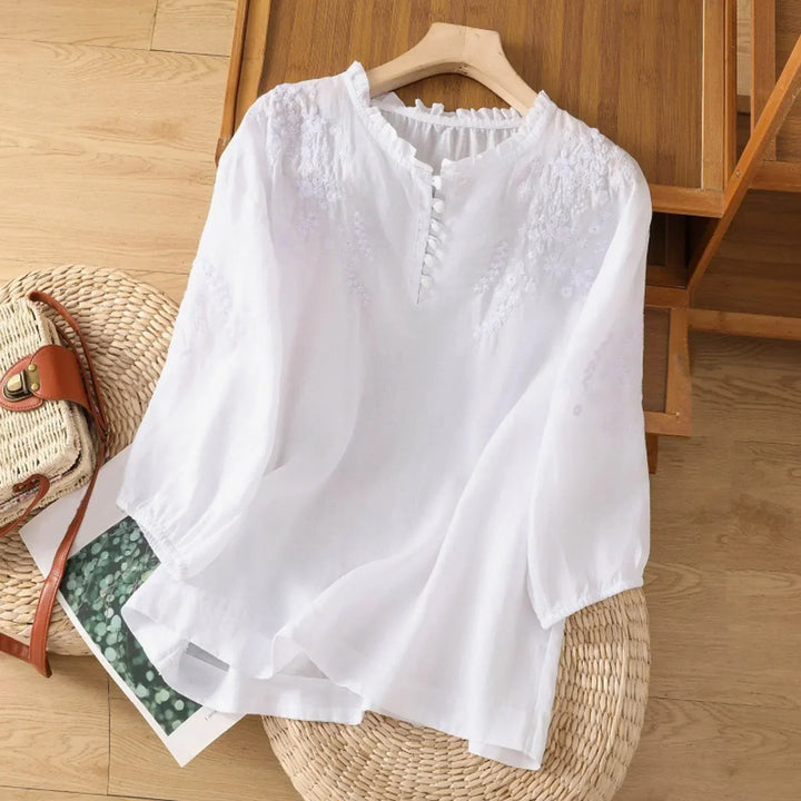 Embroidered Button-Neck Blouse for Women