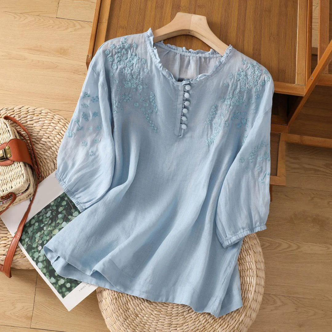 Embroidered Button-Neck Blouse for Women
