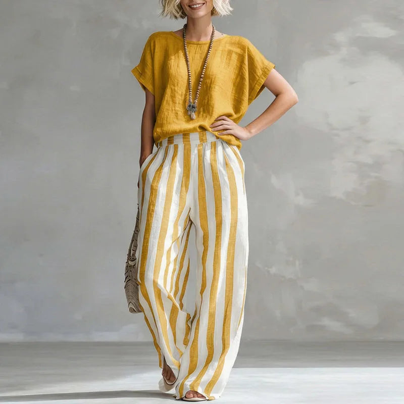 Striped Top and Wide Leg Pants Set for Women