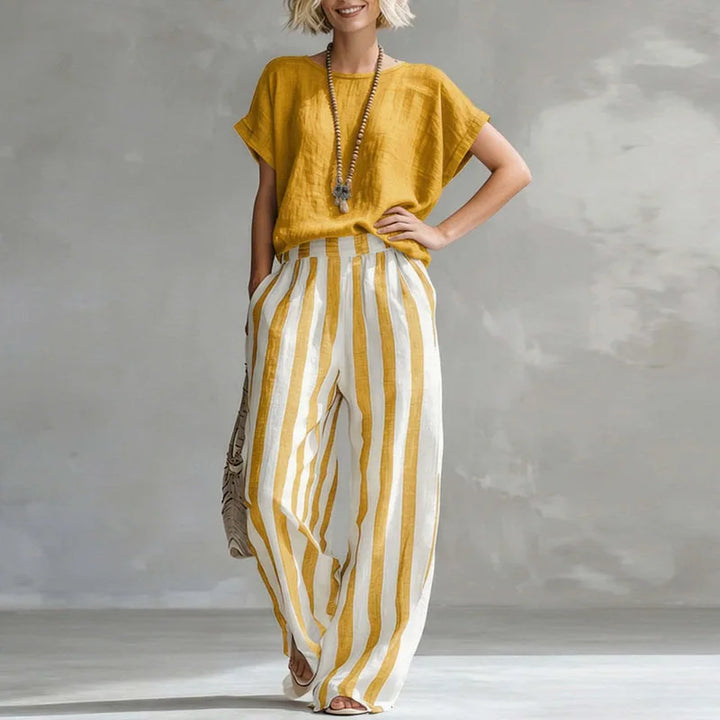 Striped Top and Wide Leg Pants Set for Women