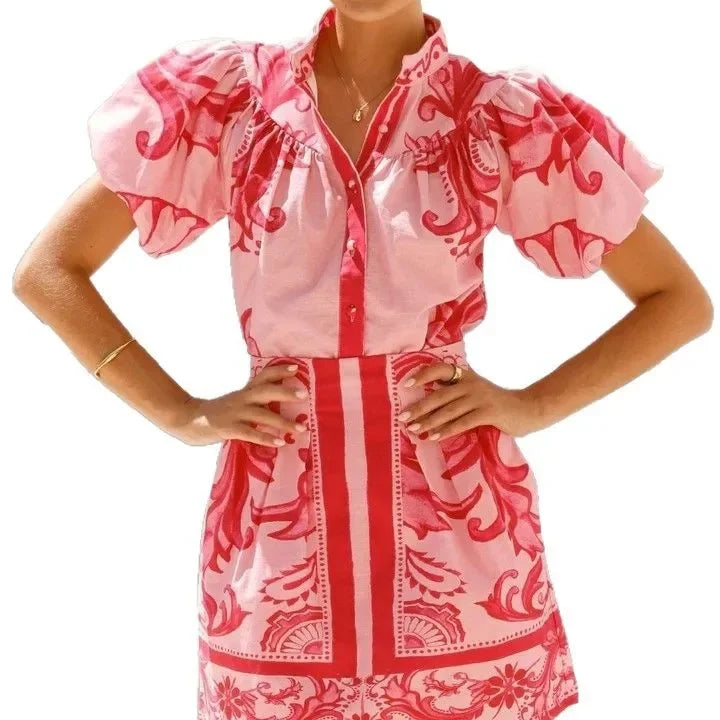 Floral Linen Puff Sleeve Mini Dress for Women