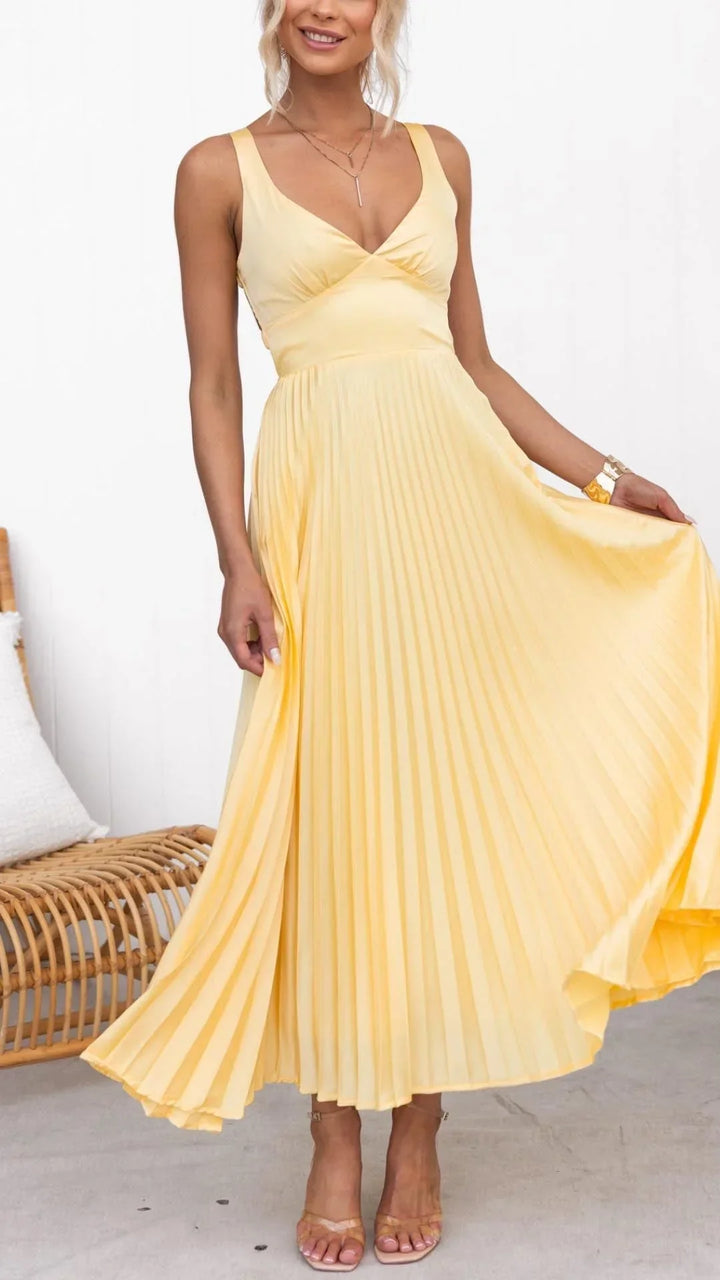 Chic Yellow Pleated V-Neck Maxi Dress