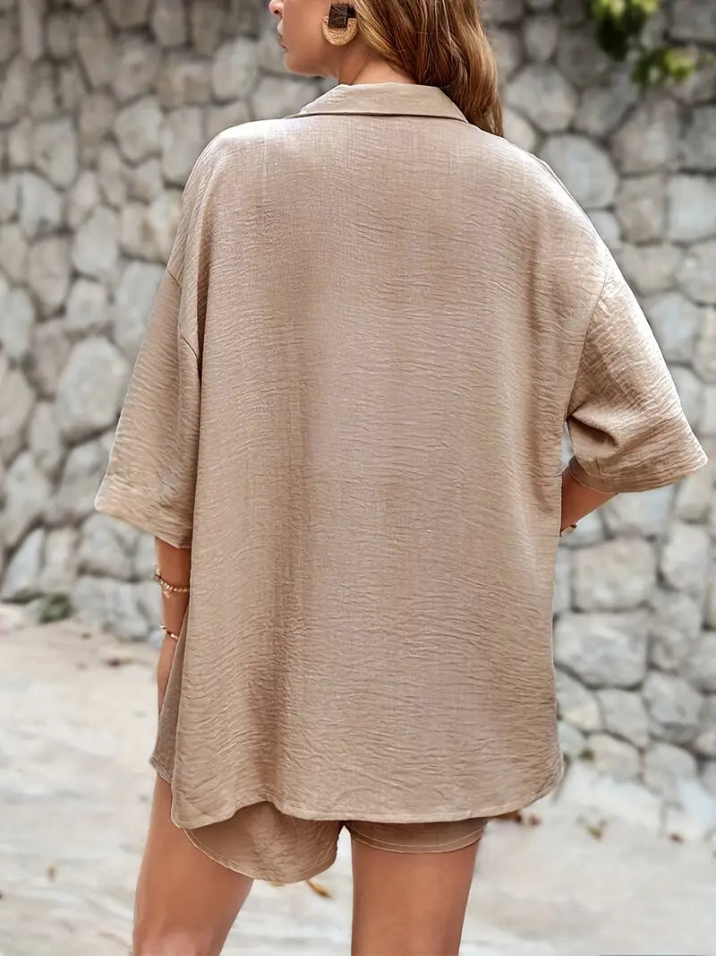Textured Button Up Shirt and Shorts Set for Women