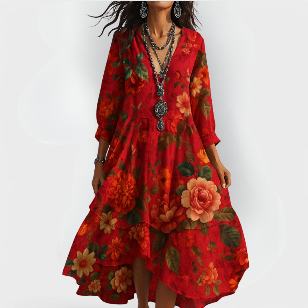 Floral Tiered Midi Dress with 3/4 Sleeves for Women
