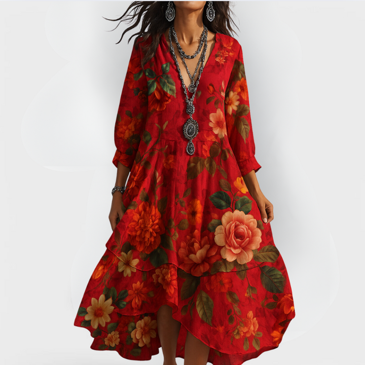Floral Tiered Midi Dress with 3/4 Sleeves for Women