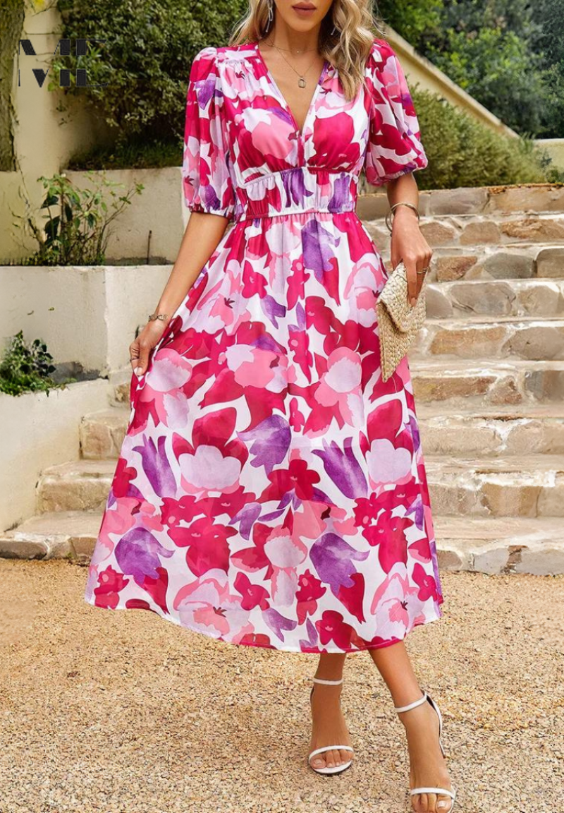Chic Floral Midi Dress with Romantic Puff Sleeves