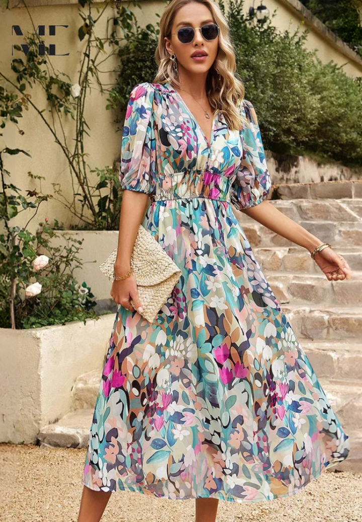 Chic Floral Midi Dress with Romantic Puff Sleeves