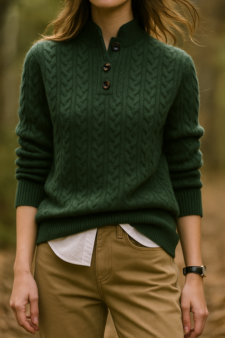 Cable Knit Button-Neck Sweater for Women