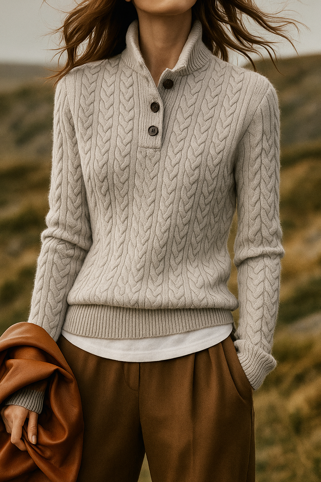 Cable Knit Button-Neck Sweater for Women