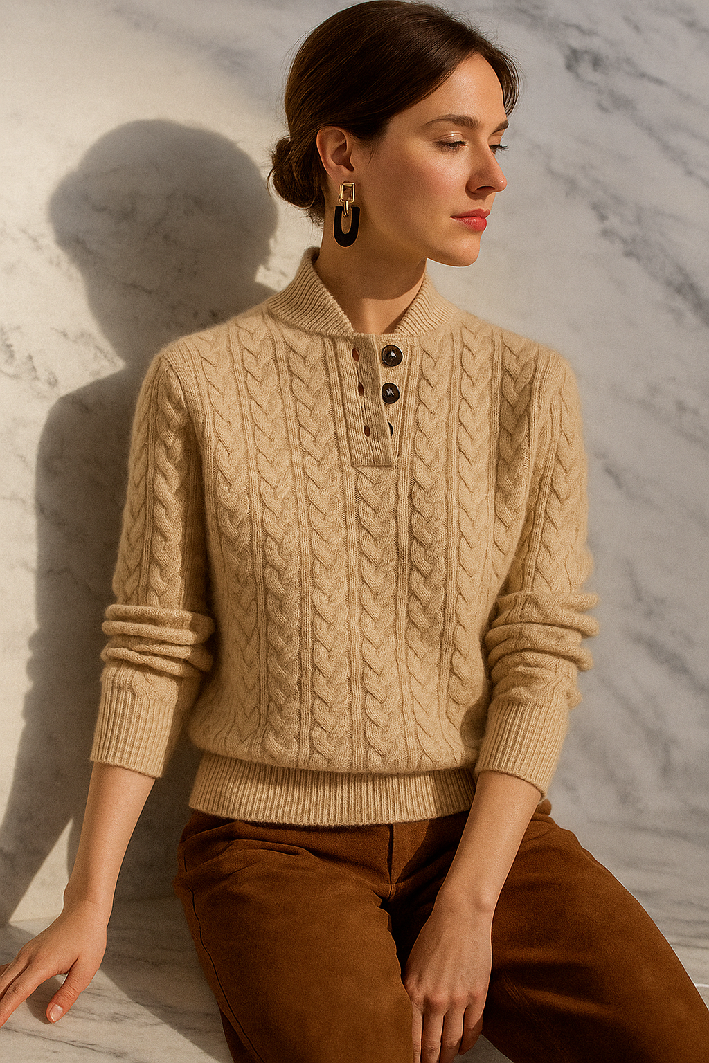 Cable Knit Button-Neck Sweater for Women