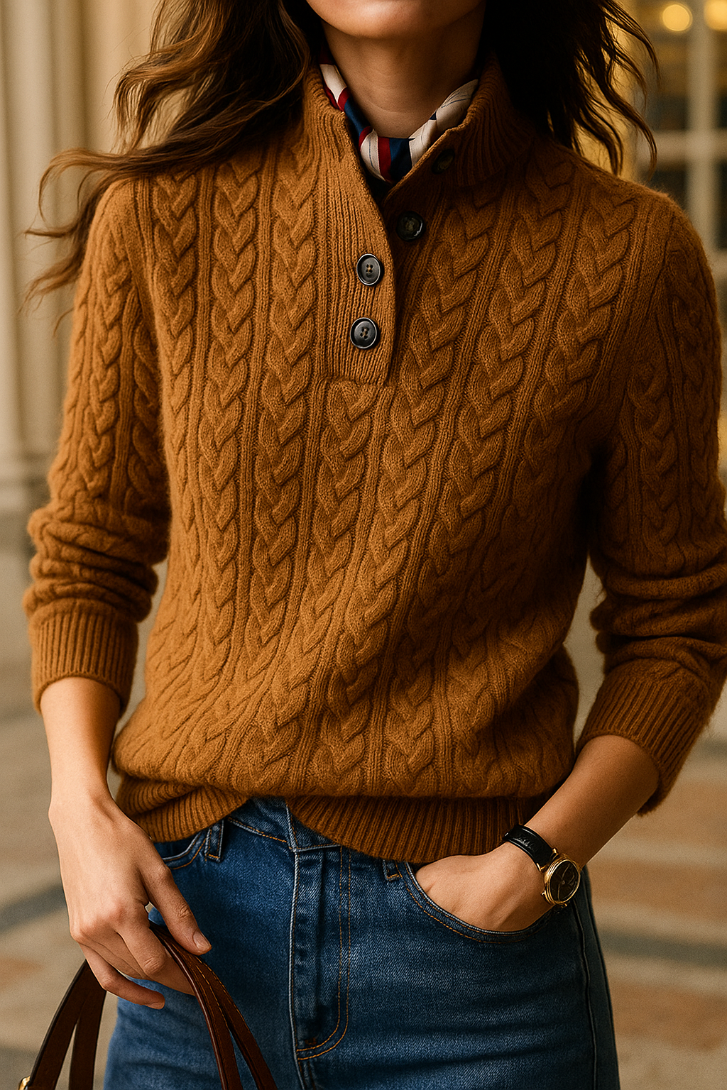 Cable Knit Button-Neck Sweater for Women