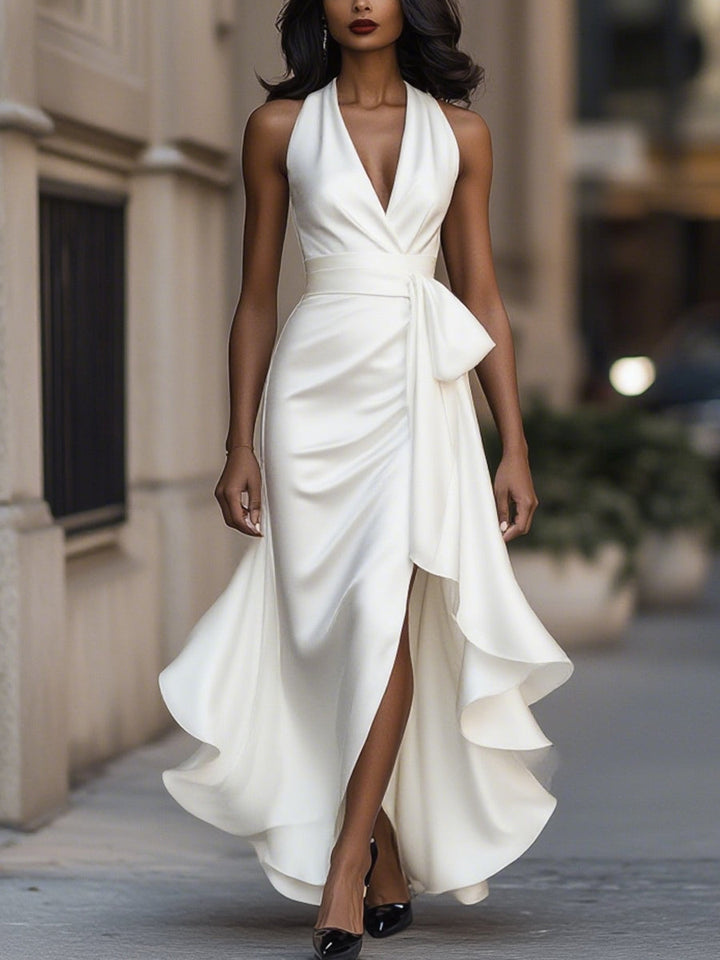 Satin Halter Ruffle Hem Maxi Dress for Women