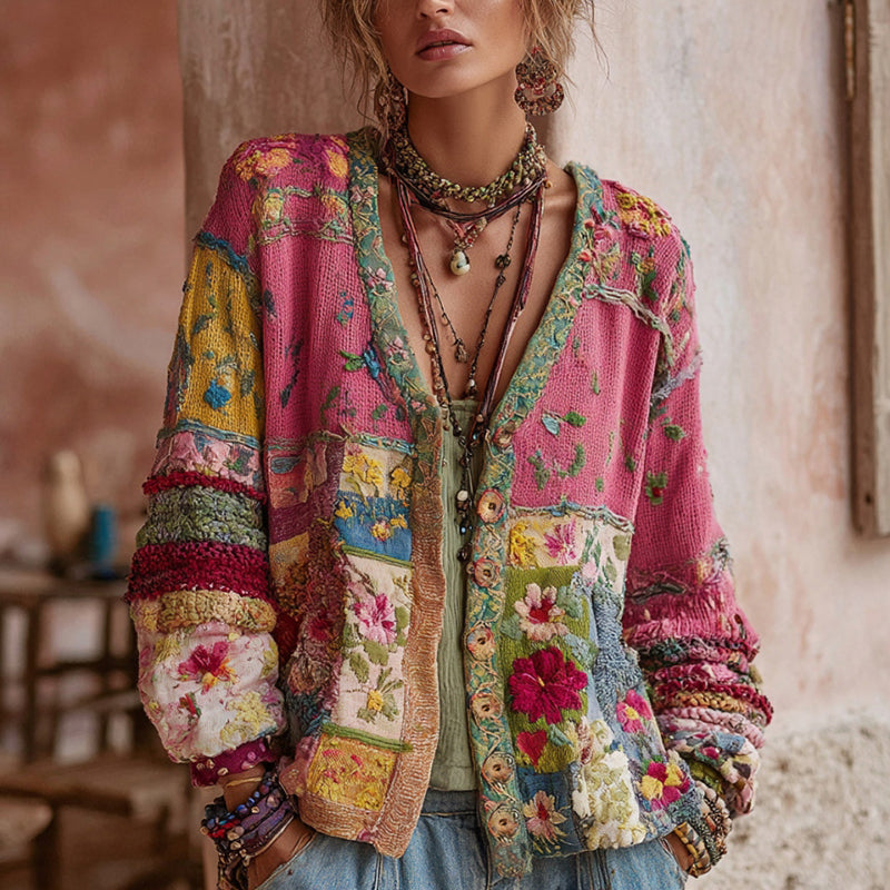 Floral Patchwork Knit Cardigan for Women