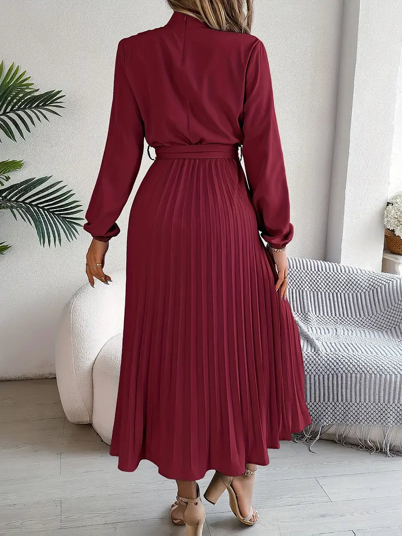Stylish Pleated Midi Dress for Women with Adjustable Belt