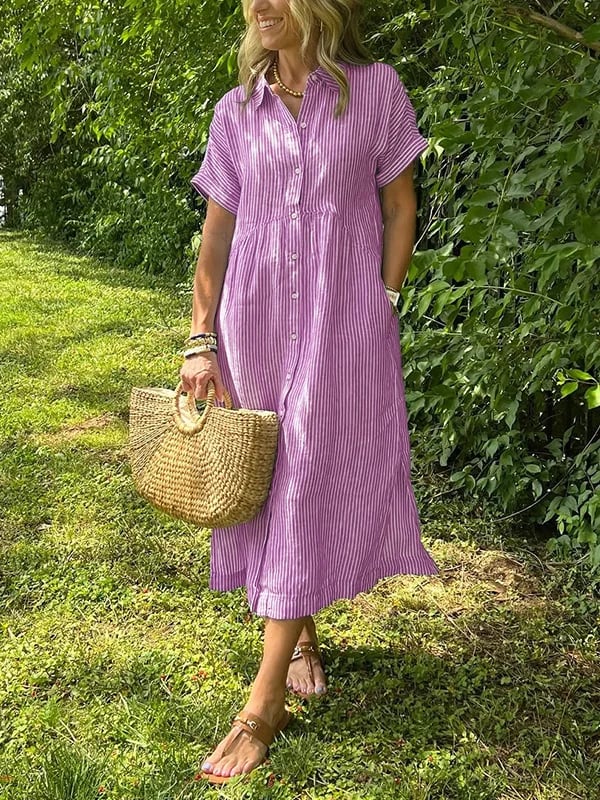 Striped Midi Shirt Dress with Pockets for Women