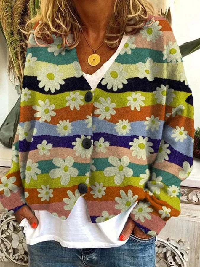 Floral Stripe Loose Knit Cardigan for Women