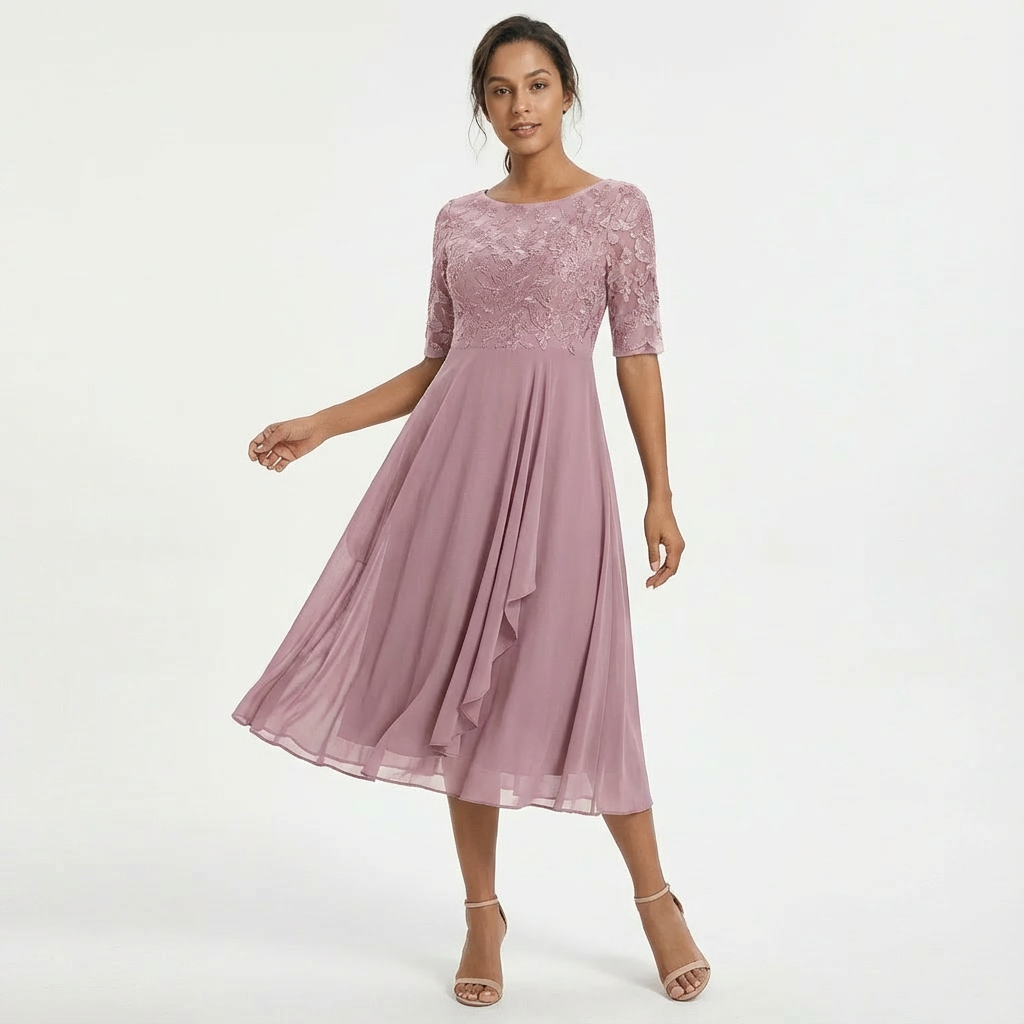 Lace Midi Dress with Half Sleeves for Women