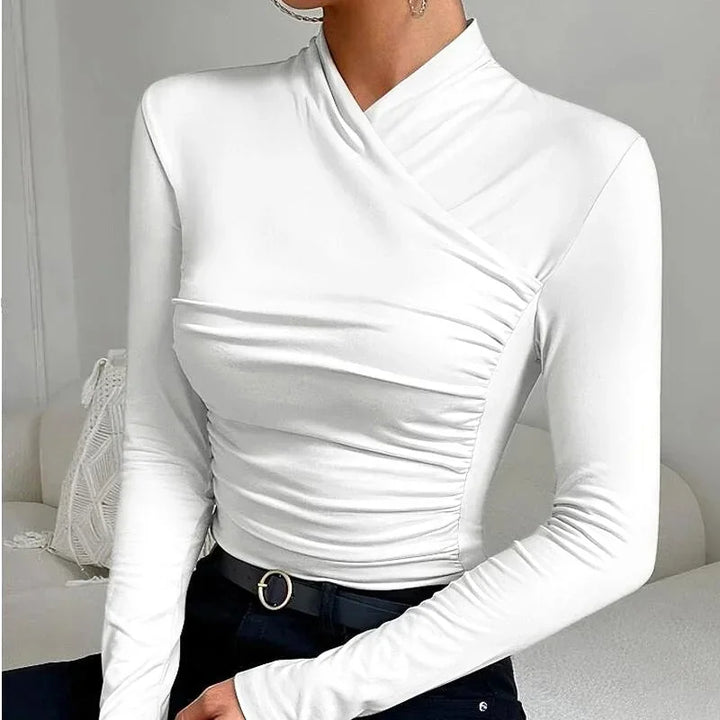 Ruched Cross-Neck Long Sleeve Top for Women