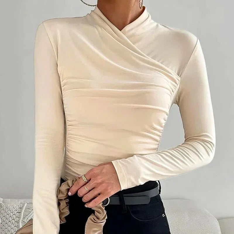Ruched Cross-Neck Long Sleeve Top for Women