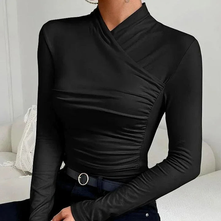Ruched Cross-Neck Long Sleeve Top for Women