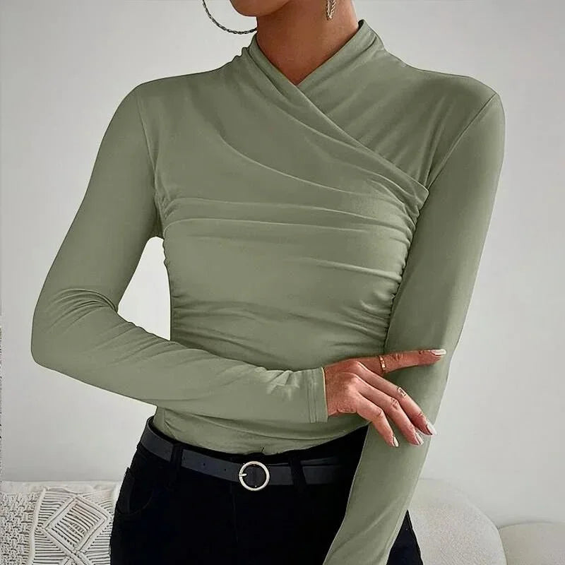 Ruched Cross-Neck Long Sleeve Top for Women