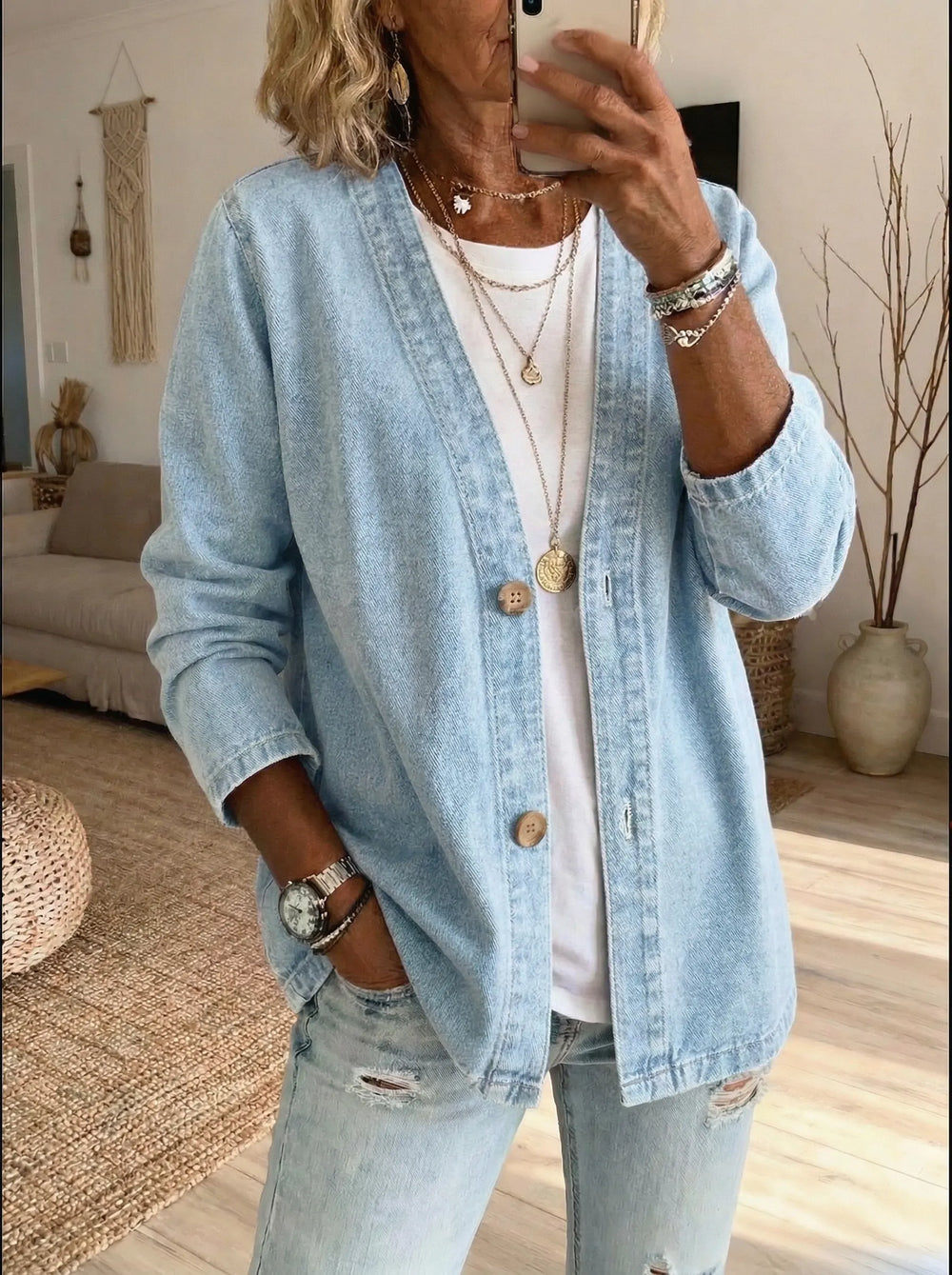 Buttoned Denim Cardigan for Women