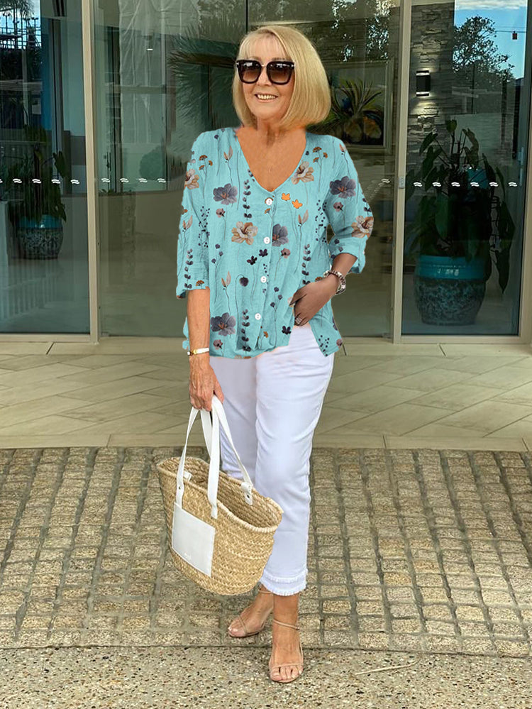 Floral V-Neck Blouse with 3/4 Sleeves for Women
