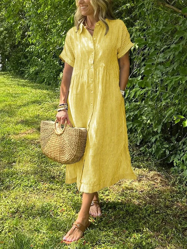 Striped Midi Shirt Dress with Pockets for Women