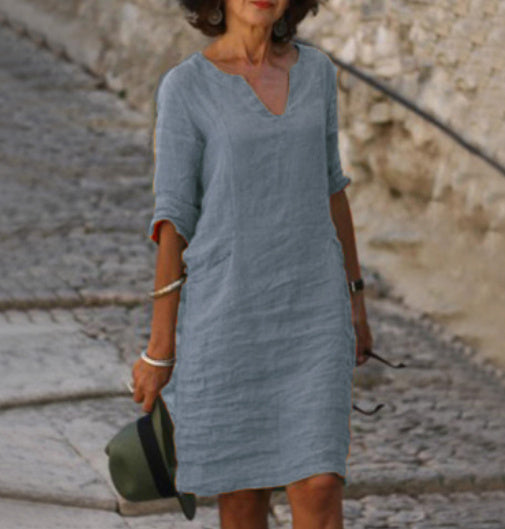 V Neck Midi Dress with 3/4 Sleeves for Women