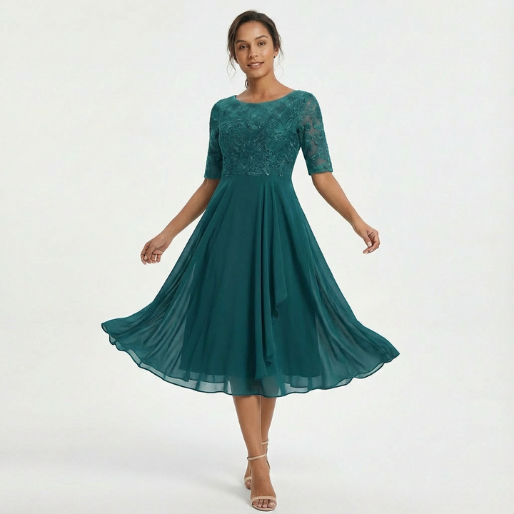 Lace Midi Dress with Half Sleeves for Women