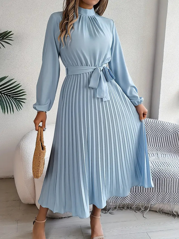 Stylish Pleated Midi Dress for Women with Adjustable Belt