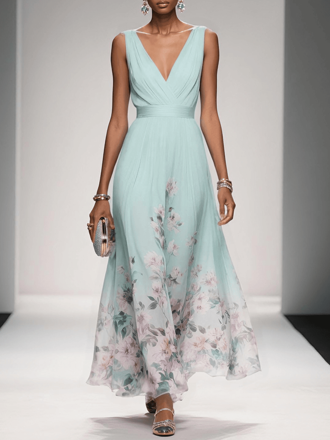 Floral Deep V-Neck Midi Dress for Women