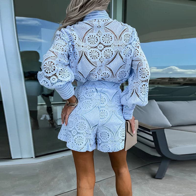 Embroidered Lace Top and Shorts Set for Women